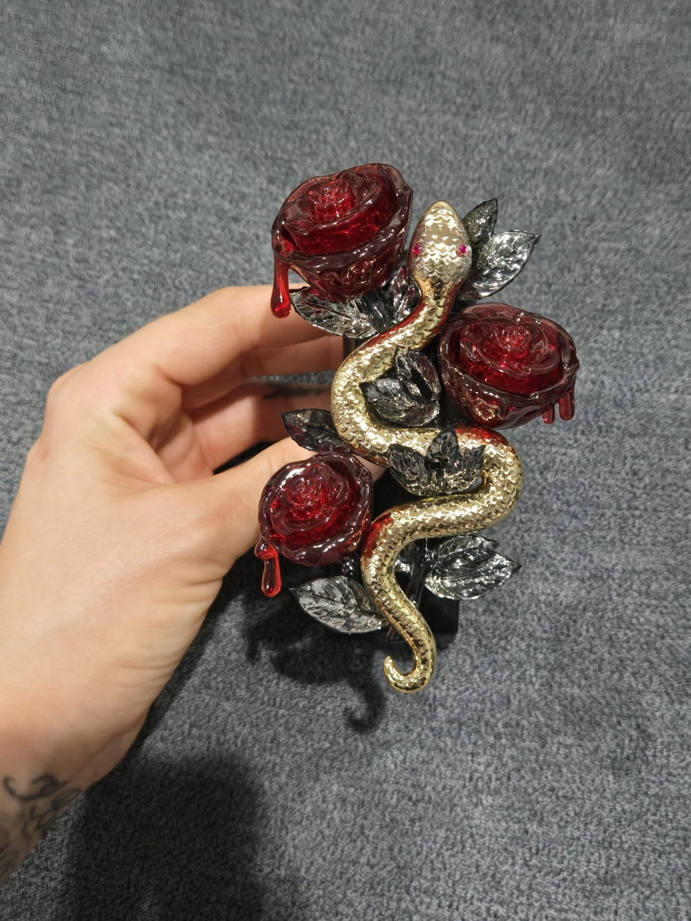 Gold Snake & Red Rose Statement Brooch